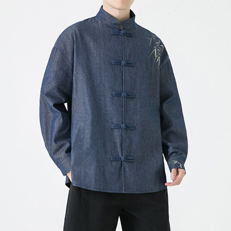 Buddha Stones Bamboo Leaves Design Frog-button Tang Suit Cotton Men's Jacket Shirt - image 2