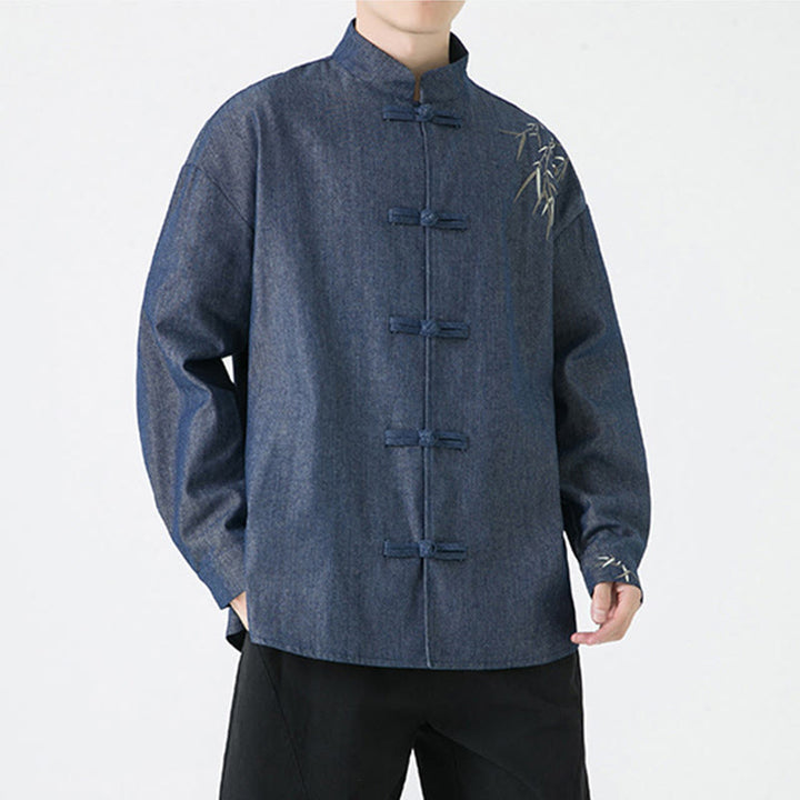 Buddha Stones Bamboo Leaves Design Frog-button Tang Suit Cotton Men's Jacket Shirt - image 2