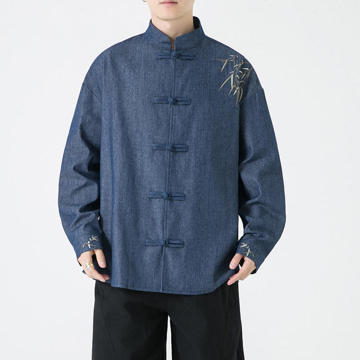 Buddha Stones Bamboo Leaves Design Frog-button Tang Suit Cotton Men's Jacket Shirt - DarkBlue - US/UK/AU46，EU56 (5XL) - image 0