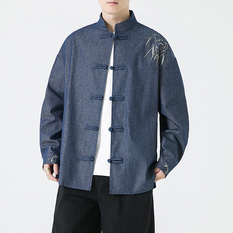 Buddha Stones Bamboo Leaves Design Frog-button Tang Suit Cotton Men's Jacket Shirt - image 3