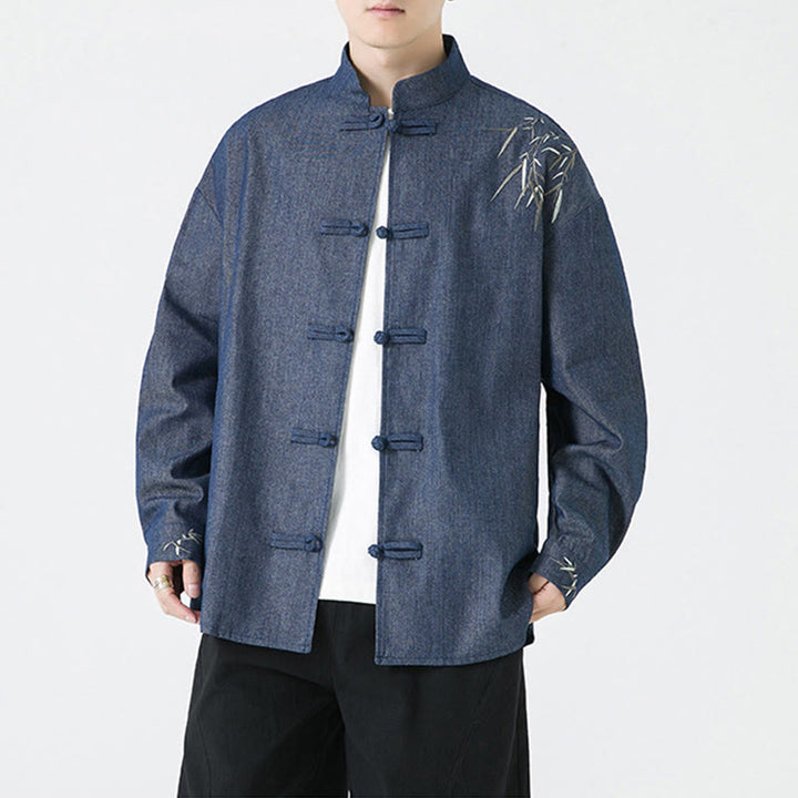 Buddha Stones Bamboo Leaves Design Frog-button Tang Suit Cotton Men's Jacket Shirt - image 3