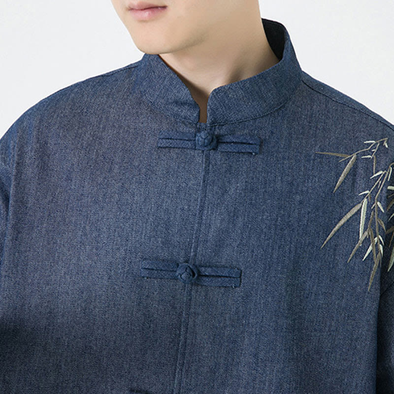 Buddha Stones Bamboo Leaves Design Frog-button Tang Suit Cotton Men's Jacket Shirt - image 9