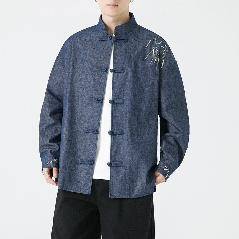 Buddha Stones Bamboo Leaves Design Frog-button Tang Suit Cotton Men's Jacket Shirt - image 6