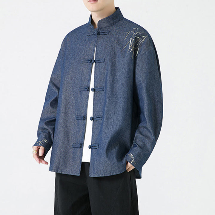 Buddha Stones Bamboo Leaves Design Frog-button Tang Suit Cotton Men's Jacket Shirt - image 4