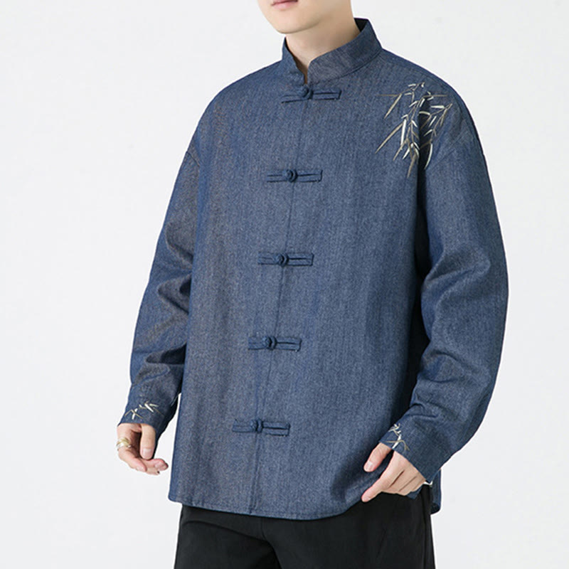 Buddha Stones Bamboo Leaves Design Frog-button Tang Suit Cotton Men's Jacket Shirt - image 1
