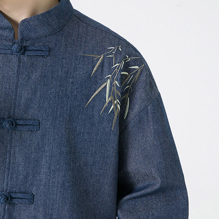 Buddha Stones Bamboo Leaves Design Frog-button Tang Suit Cotton Men's Jacket Shirt - image 10