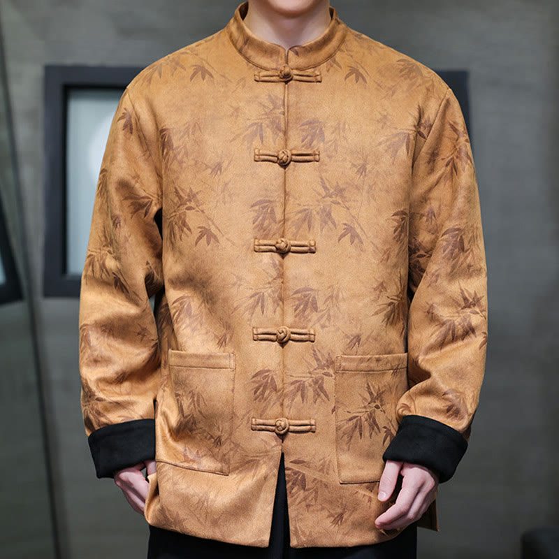 Buddha Stones Men's Frog-Button Tang Suit Bamboo Pattern Suede Cotton Jacket Shirt With Pockets - SandyBrown - US/UK/AU46，EU56 (5XL) - image 3
