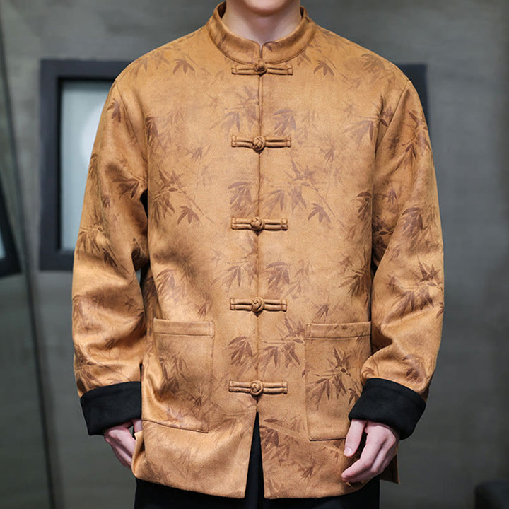 Buddha Stones Men's Frog-Button Tang Suit Bamboo Pattern Suede Cotton Jacket Shirt With Pockets - SandyBrown - US/UK/AU46，EU56 (5XL) - image 3