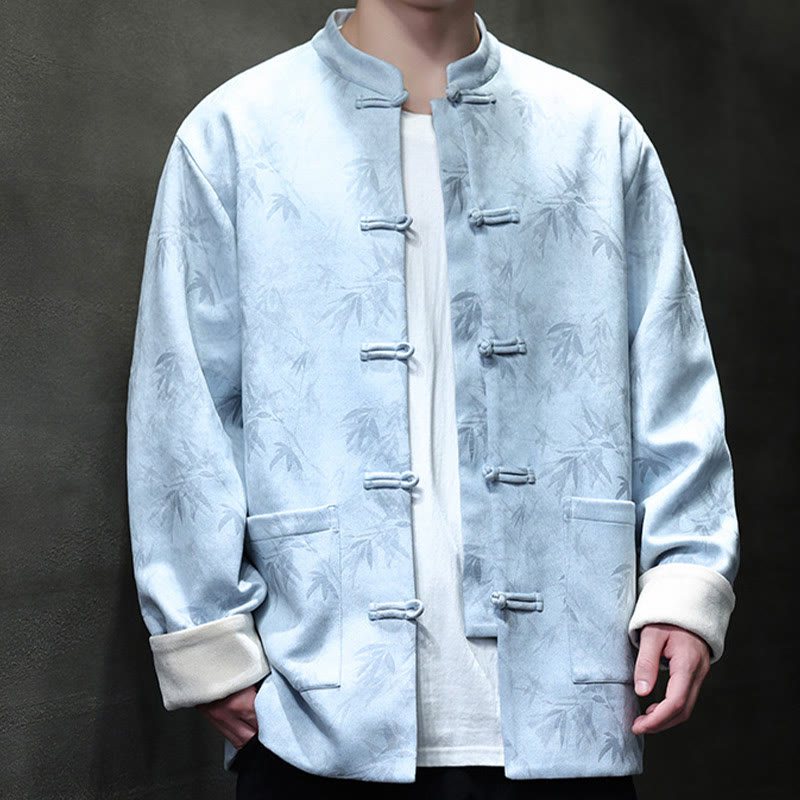 Buddha Stones Men's Frog-Button Tang Suit Bamboo Pattern Suede Cotton Jacket Shirt With Pockets - SkyBlue - US/UK/AU46，EU56 (5XL) - image 2