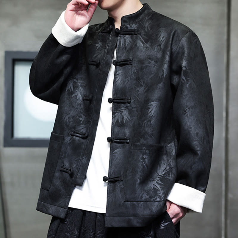 Buddha Stones Men's Frog-Button Tang Suit Bamboo Pattern Suede Cotton Jacket Shirt With Pockets - image 1