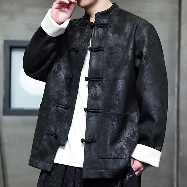 Buddha Stones Men's Frog-Button Tang Suit Bamboo Pattern Suede Cotton Jacket Shirt With Pockets - image 1