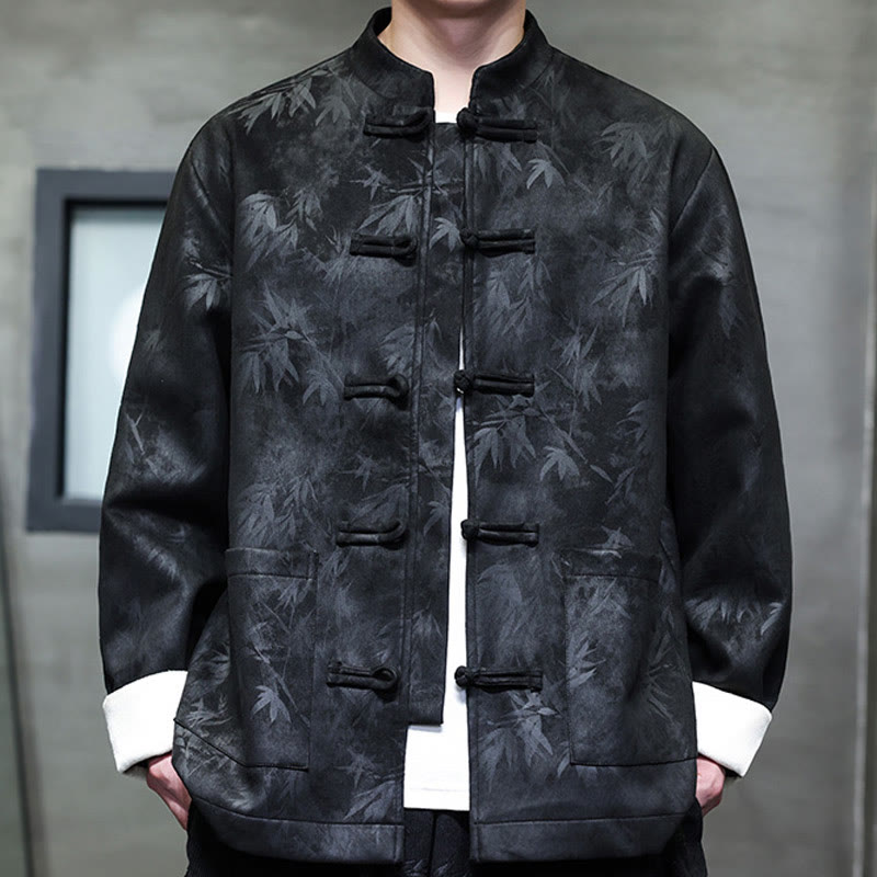 Buddha Stones Men's Frog-Button Tang Suit Bamboo Pattern Suede Cotton Jacket Shirt With Pockets - Black - US/UK/AU46，EU56 (5XL) - image 0