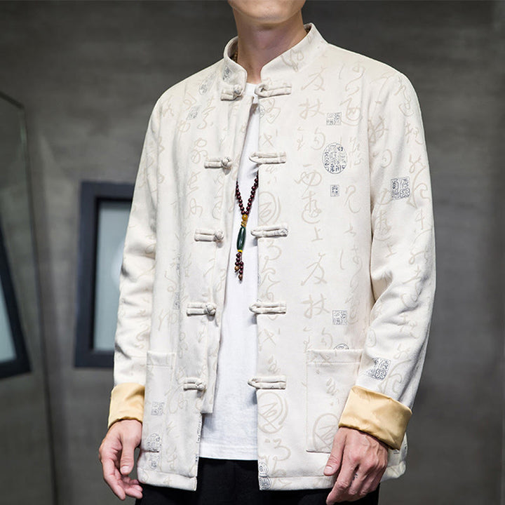 Buddha Stones Men's Frog-button Tang Suit Chinese Calligraphy Pattern Deerskin Polyester Jacket Shirt With Pockets - Linen - US/UK/AU46，EU56 (5XL) - image 11
