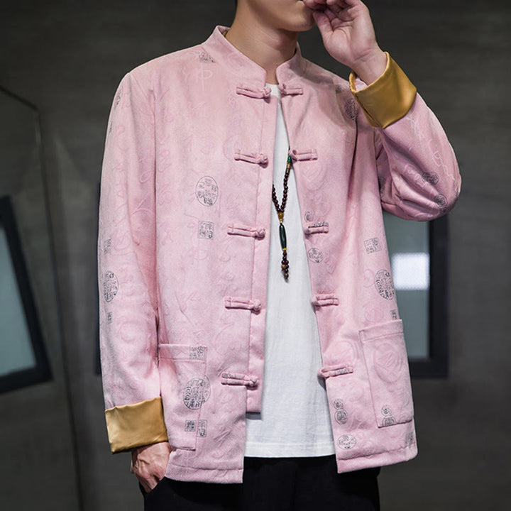 Buddha Stones Men's Frog-button Tang Suit Chinese Calligraphy Pattern Deerskin Polyester Jacket Shirt With Pockets - Pink - US/UK/AU46，EU56 (5XL) - image 17
