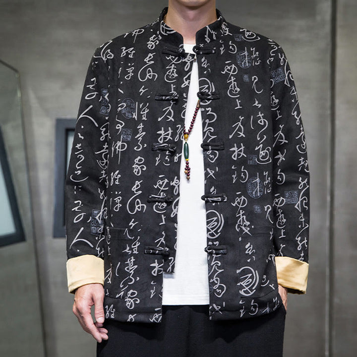 Buddha Stones Men's Frog-button Tang Suit Chinese Calligraphy Pattern Deerskin Polyester Jacket Shirt With Pockets - image 2