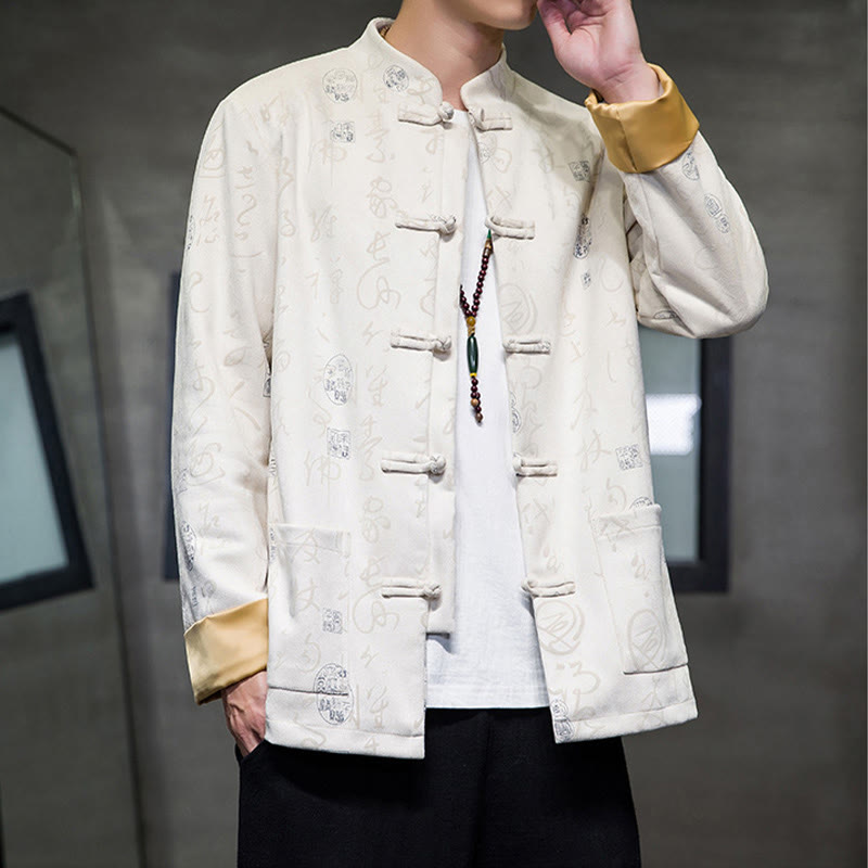Buddha Stones Men's Frog-button Tang Suit Chinese Calligraphy Pattern Deerskin Polyester Jacket Shirt With Pockets - image 12