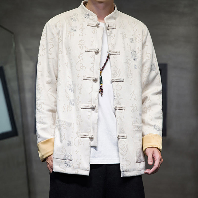 Buddha Stones Men's Frog-button Tang Suit Chinese Calligraphy Pattern Deerskin Polyester Jacket Shirt With Pockets - image 13
