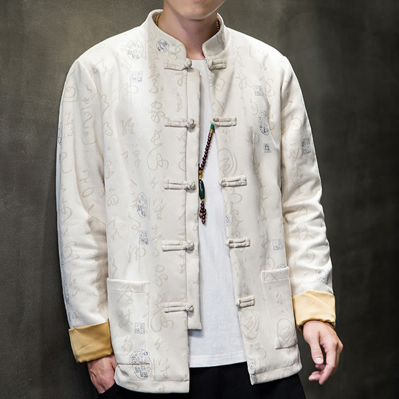 Buddha Stones Men's Frog-button Tang Suit Chinese Calligraphy Pattern Deerskin Polyester Jacket Shirt With Pockets - image 15