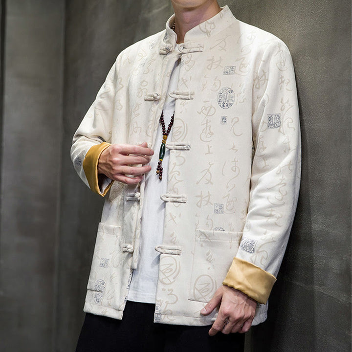 Buddha Stones Men's Frog-button Tang Suit Chinese Calligraphy Pattern Deerskin Polyester Jacket Shirt With Pockets - image 14