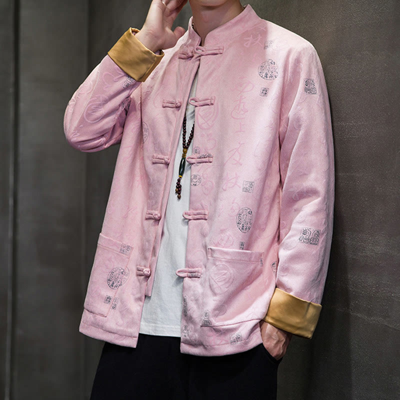 Buddha Stones Men's Frog-button Tang Suit Chinese Calligraphy Pattern Deerskin Polyester Jacket Shirt With Pockets - image 19