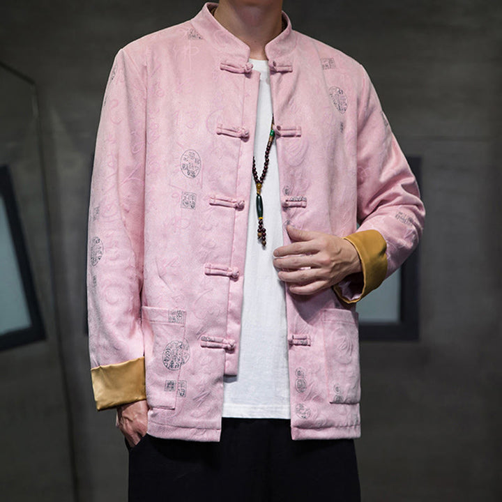 Buddha Stones Men's Frog-button Tang Suit Chinese Calligraphy Pattern Deerskin Polyester Jacket Shirt With Pockets - image 21