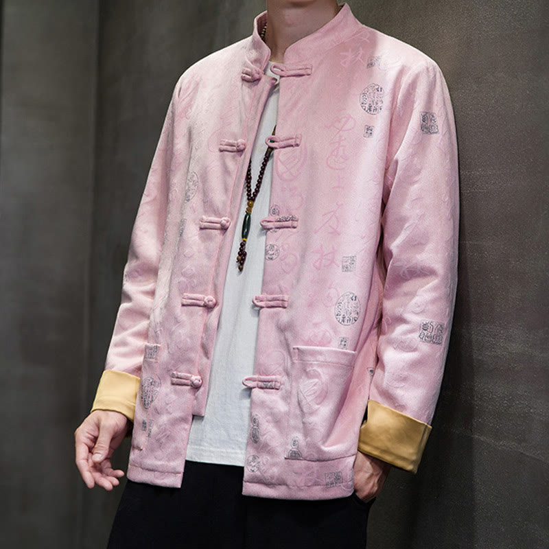 Buddha Stones Men's Frog-button Tang Suit Chinese Calligraphy Pattern Deerskin Polyester Jacket Shirt With Pockets - image 18