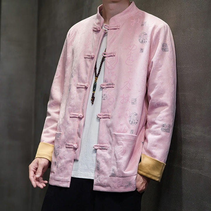 Buddha Stones Men's Frog-button Tang Suit Chinese Calligraphy Pattern Deerskin Polyester Jacket Shirt With Pockets - image 18