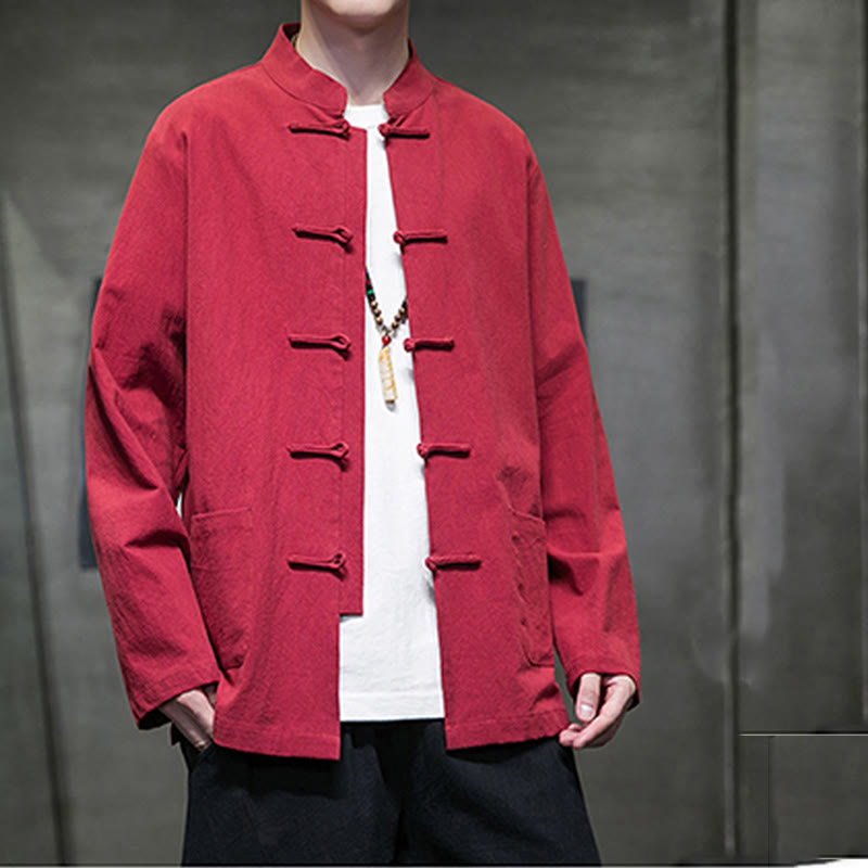 Buddha Stones Solid Color Frog-button Tang Suit Cotton Linen Men's Jacket Shirt With Pockets - image 34