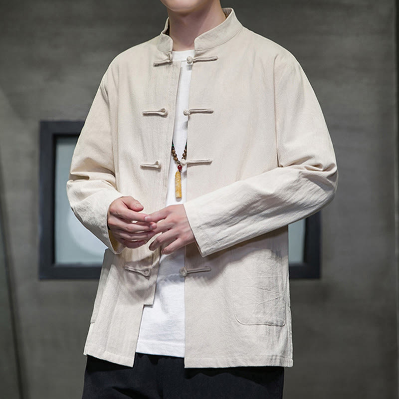 Buddha Stones Solid Color Frog-button Tang Suit Cotton Linen Men's Jacket Shirt With Pockets - image 12