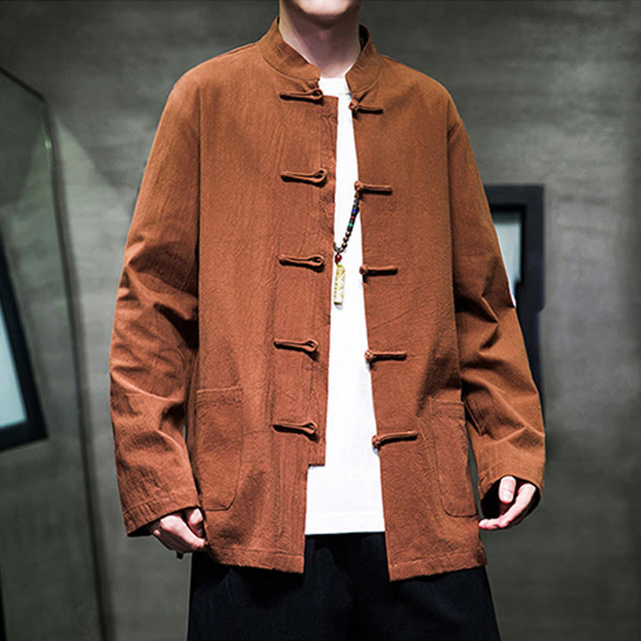 Buddha Stones Solid Color Frog-button Tang Suit Cotton Linen Men's Jacket Shirt With Pockets - image 21