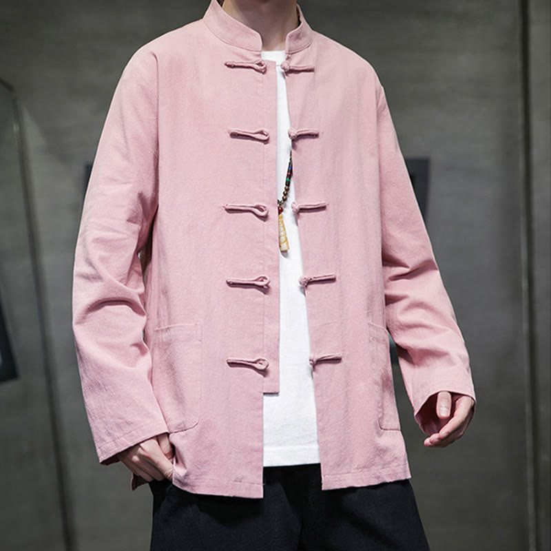 Buddha Stones Solid Color Frog-button Tang Suit Cotton Linen Men's Jacket Shirt With Pockets - image 29