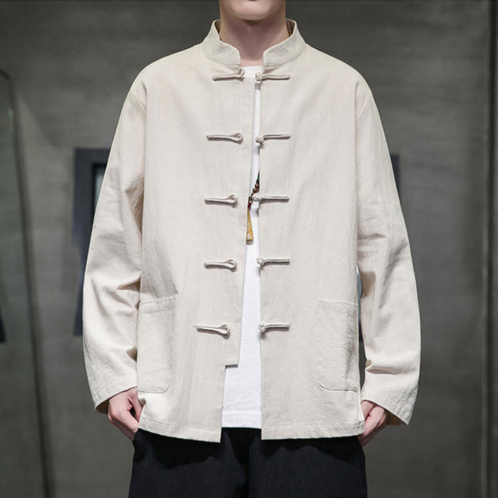 Buddha Stones Solid Color Frog-button Tang Suit Cotton Linen Men's Jacket Shirt With Pockets - Beige - US/UK/AU46，EU56 (5XL) - image 11