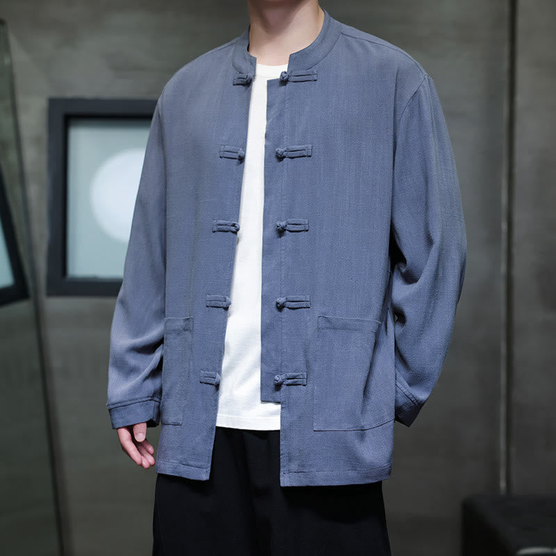 Buddha Stones Casual Plain Color Frog-button Linen Men's Jacket Shirt With Pockets - image 1