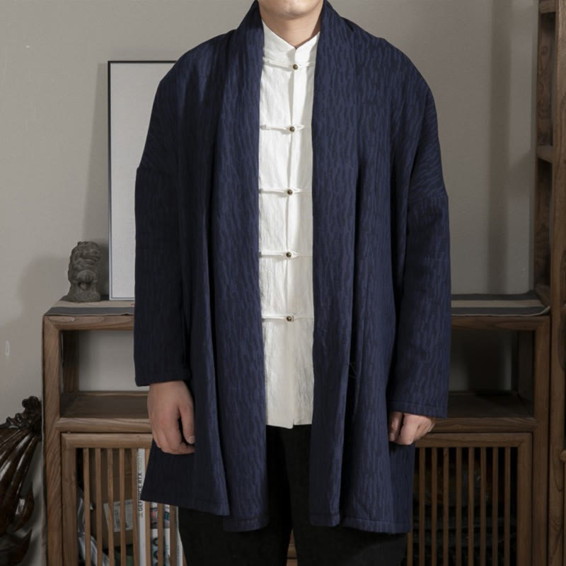 Buddha Stones Fall Simple Jacquard Zen Plush Cotton Lined Men's Mid-length Coat Clothing - SteelBlue - US/UK/AU44，EU54 (4XL) - image 0