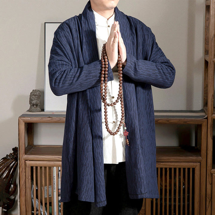 Buddha Stones Fall Simple Jacquard Zen Plush Cotton Lined Men's Mid-length Coat Clothing - image 4