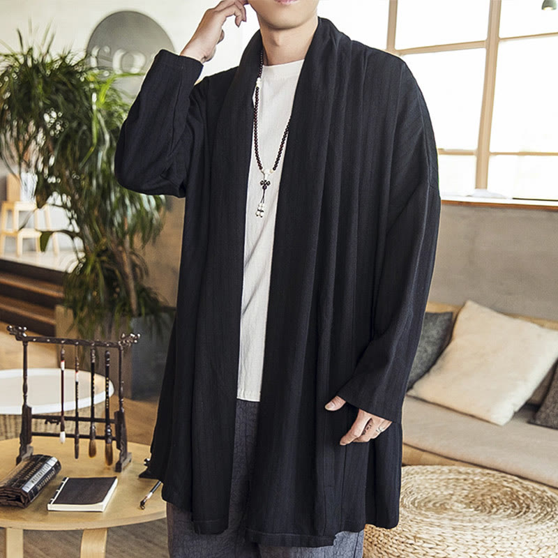 Buddha Stones Fall Simple Casual Loose Plain Linen Blend Men's Mid-length Coat Clothing - Black - US/UK/AU42，EU52 (3XL) - image 9