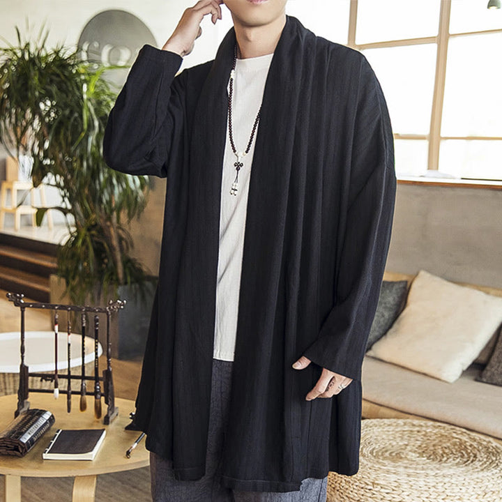 Buddha Stones Fall Simple Casual Loose Plain Linen Blend Men's Mid-length Coat Clothing - Black - US/UK/AU42，EU52 (3XL) - image 9