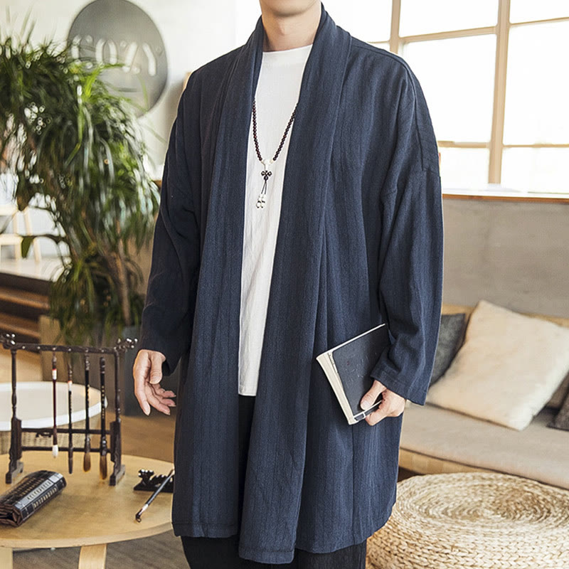 Buddha Stones Fall Simple Casual Loose Plain Linen Blend Men's Mid-length Coat Clothing - SteelBlue - US/UK/AU42，EU52 (3XL) - image 15