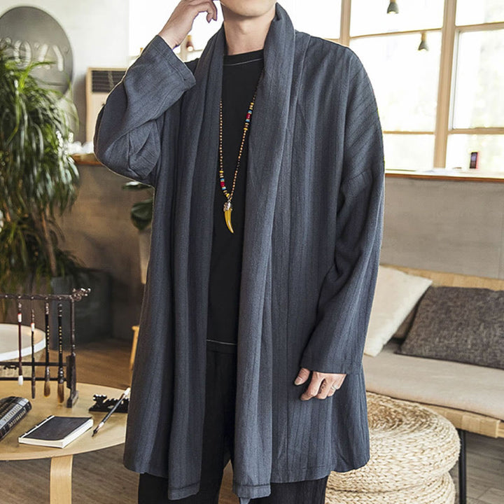 Buddha Stones Fall Simple Casual Loose Plain Linen Blend Men's Mid-length Coat Clothing - image 4