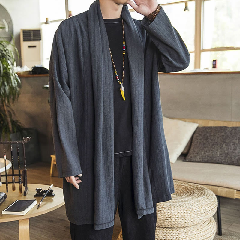 Buddha Stones Fall Simple Casual Loose Plain Linen Blend Men's Mid-length Coat Clothing - image 3