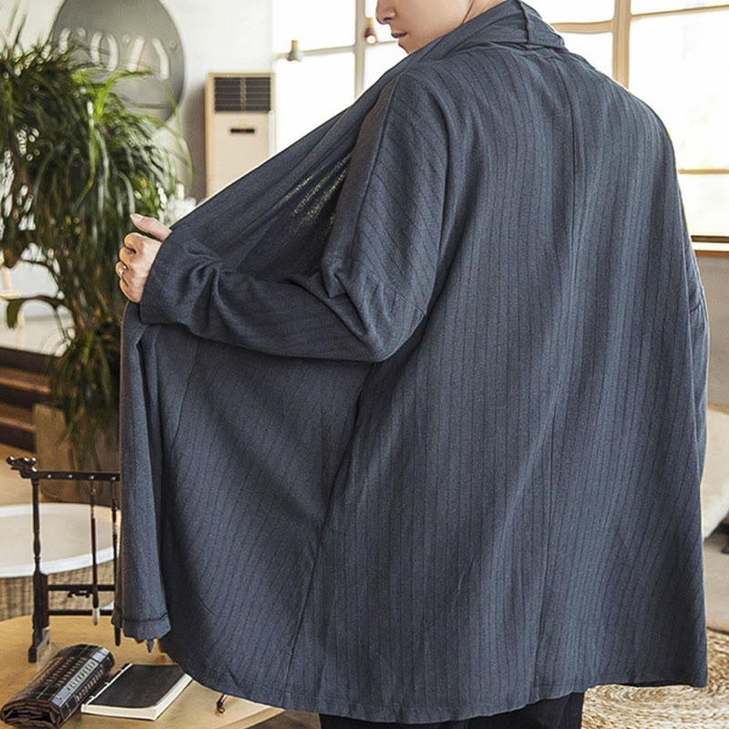Buddha Stones Fall Simple Casual Loose Plain Linen Blend Men's Mid-length Coat Clothing - image 8