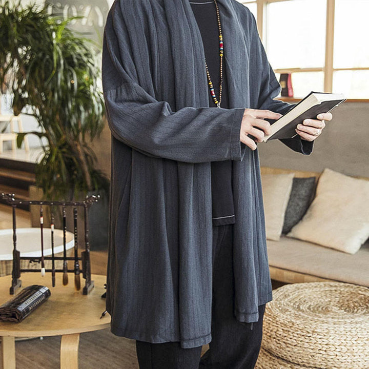 Buddha Stones Fall Simple Casual Loose Plain Linen Blend Men's Mid-length Coat Clothing - image 2