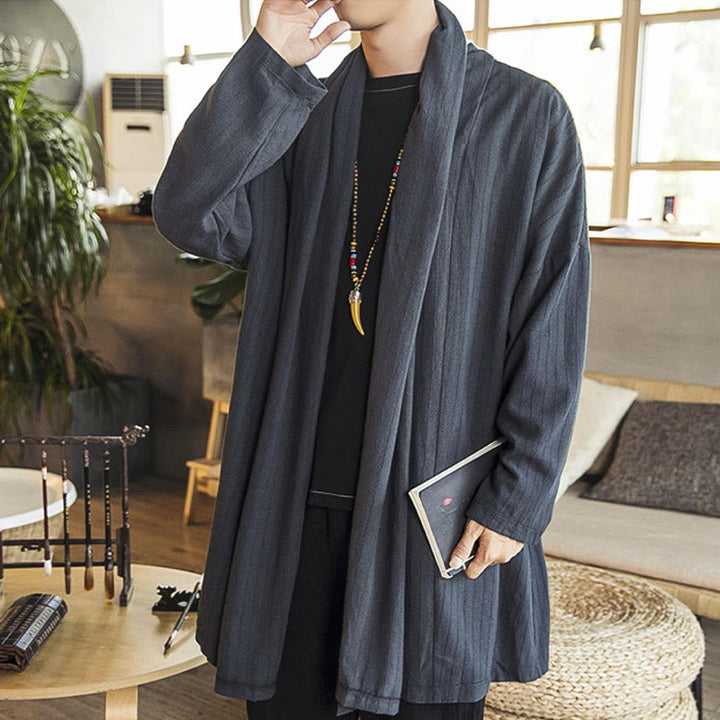Buddha Stones Fall Simple Casual Loose Plain Linen Blend Men's Mid-length Coat Clothing - image 6