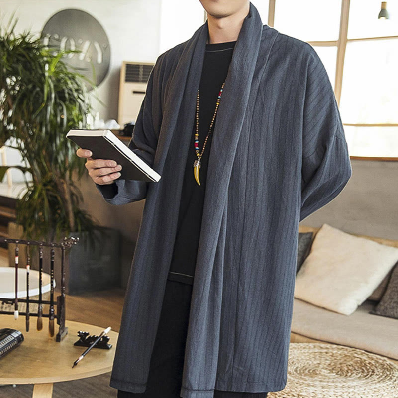 Buddha Stones Fall Simple Casual Loose Plain Linen Blend Men's Mid-length Coat Clothing - image 5