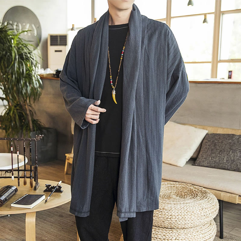 Buddha Stones Fall Simple Casual Loose Plain Linen Blend Men's Mid-length Coat Clothing - image 7