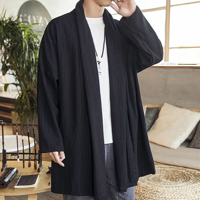 Buddha Stones Fall Simple Casual Loose Plain Linen Blend Men's Mid-length Coat Clothing - image 10