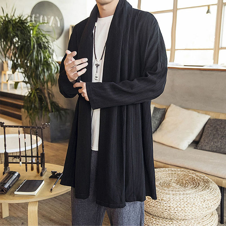Buddha Stones Fall Simple Casual Loose Plain Linen Blend Men's Mid-length Coat Clothing - image 11