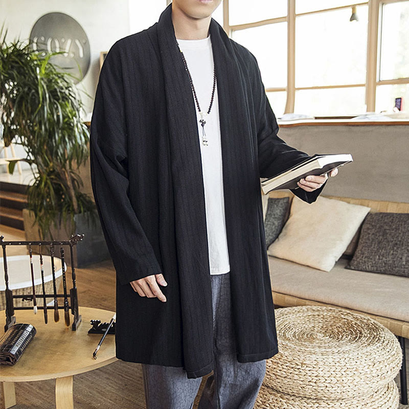 Buddha Stones Fall Simple Casual Loose Plain Linen Blend Men's Mid-length Coat Clothing - image 13