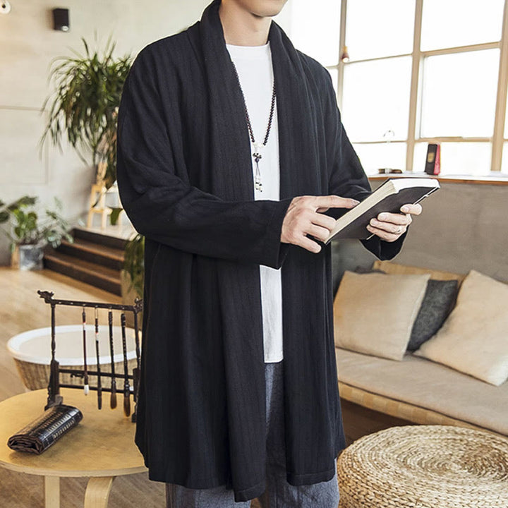 Buddha Stones Fall Simple Casual Loose Plain Linen Blend Men's Mid-length Coat Clothing - image 12