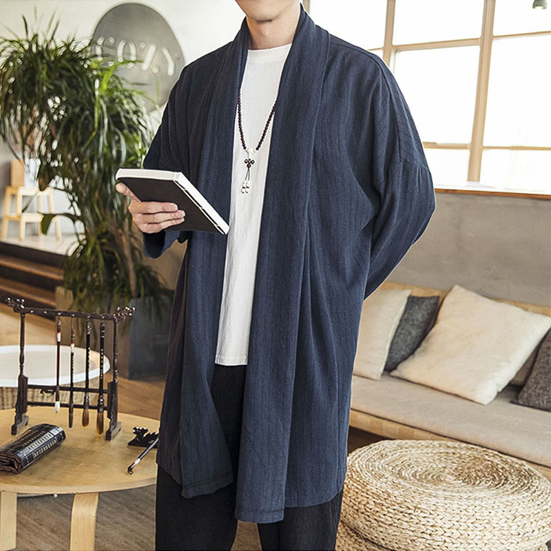 Buddha Stones Fall Simple Casual Loose Plain Linen Blend Men's Mid-length Coat Clothing - image 16